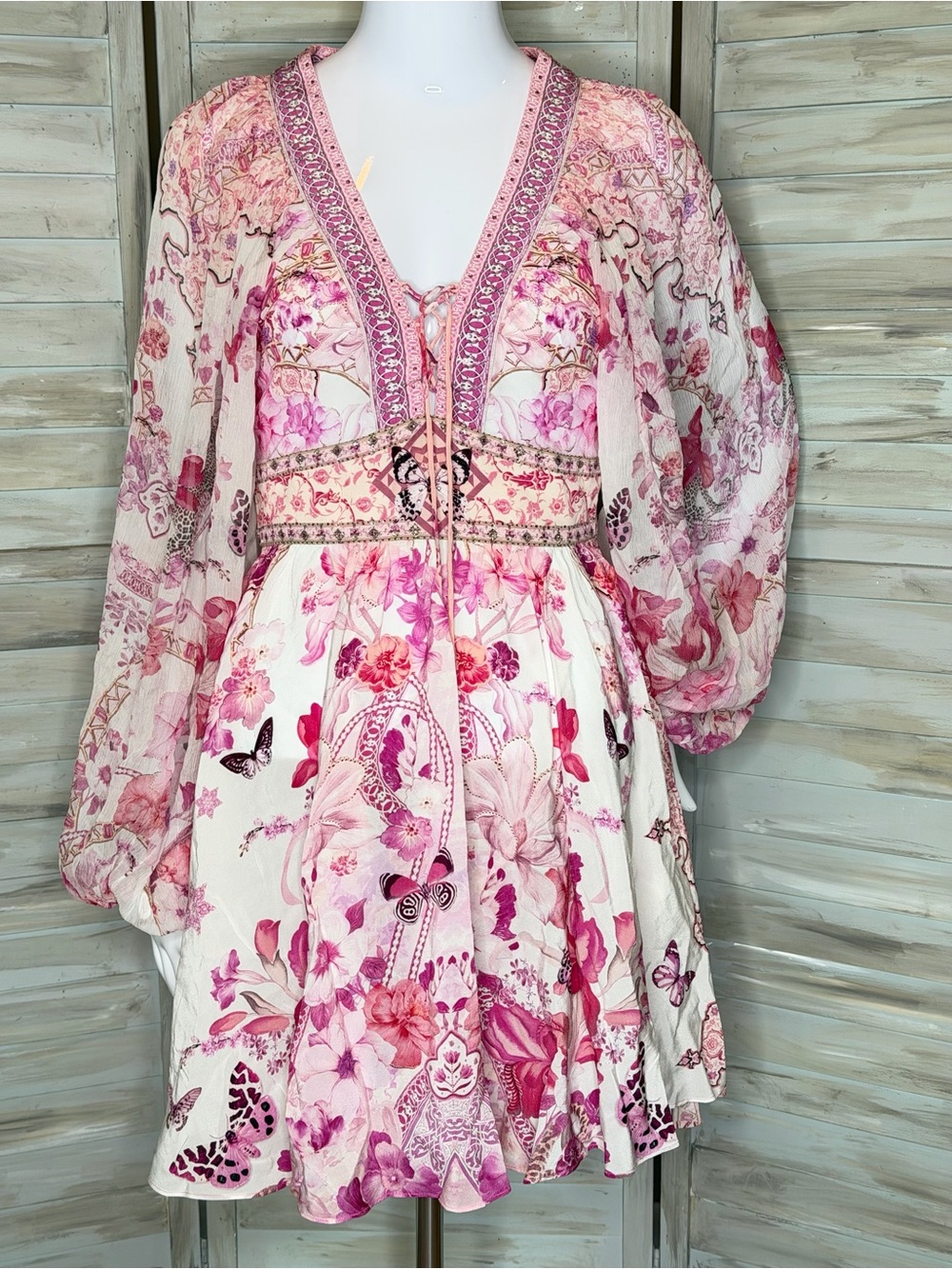 Camilla Botanical Novella Mini Pink Floral Silk Dress Lace Up Front XS NEW $799